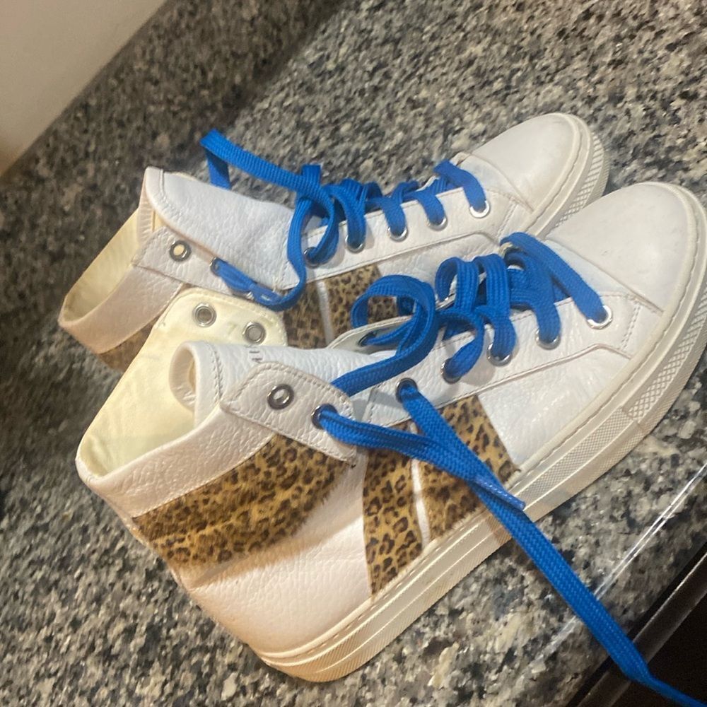 Amiri white brown leather leopard print sunset high top sneakers men sz 38